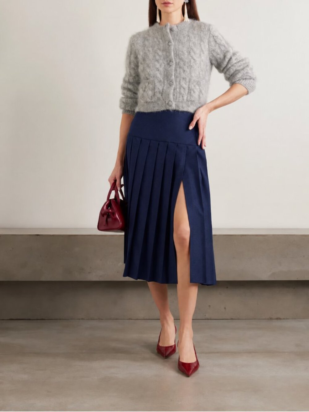 ALESSANDRA RICH Pleated Wool-Flannel Navy Midi Skirt